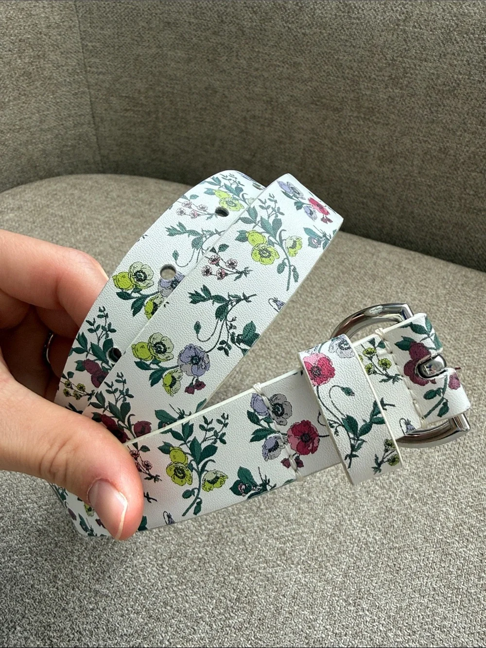 Ann Taylor White Floral Leather Belt with Silver Buckle